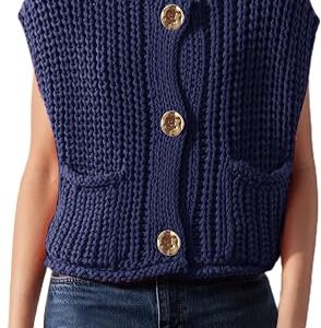 Lot #: 0112 Chunky Knit Vest Gold Button Down Crop Crochet Sleeveless