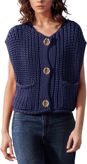 Lot #: 0112 Chunky Knit Vest Gold Button Down Crop Crochet Sleeveless