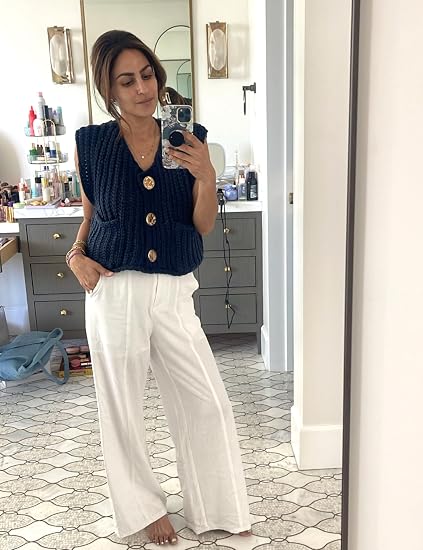 Lot #: 0112 Chunky Knit Vest Gold Button Down Crop Crochet Sleeveless - Image 2