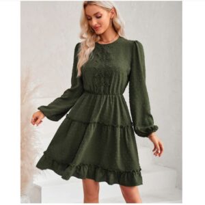 Lot #: 2101 Swiss Dot Lace Trim Balloon Sleeve Dress