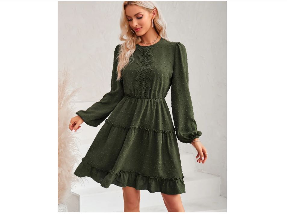 Lot #: 2101 Swiss Dot Lace Trim Balloon Sleeve Dress