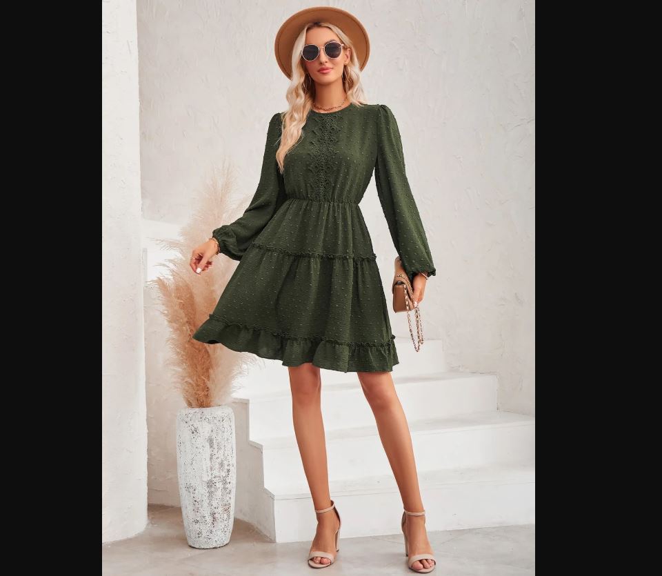 Lot #: 2101 Swiss Dot Lace Trim Balloon Sleeve Dress - Image 2